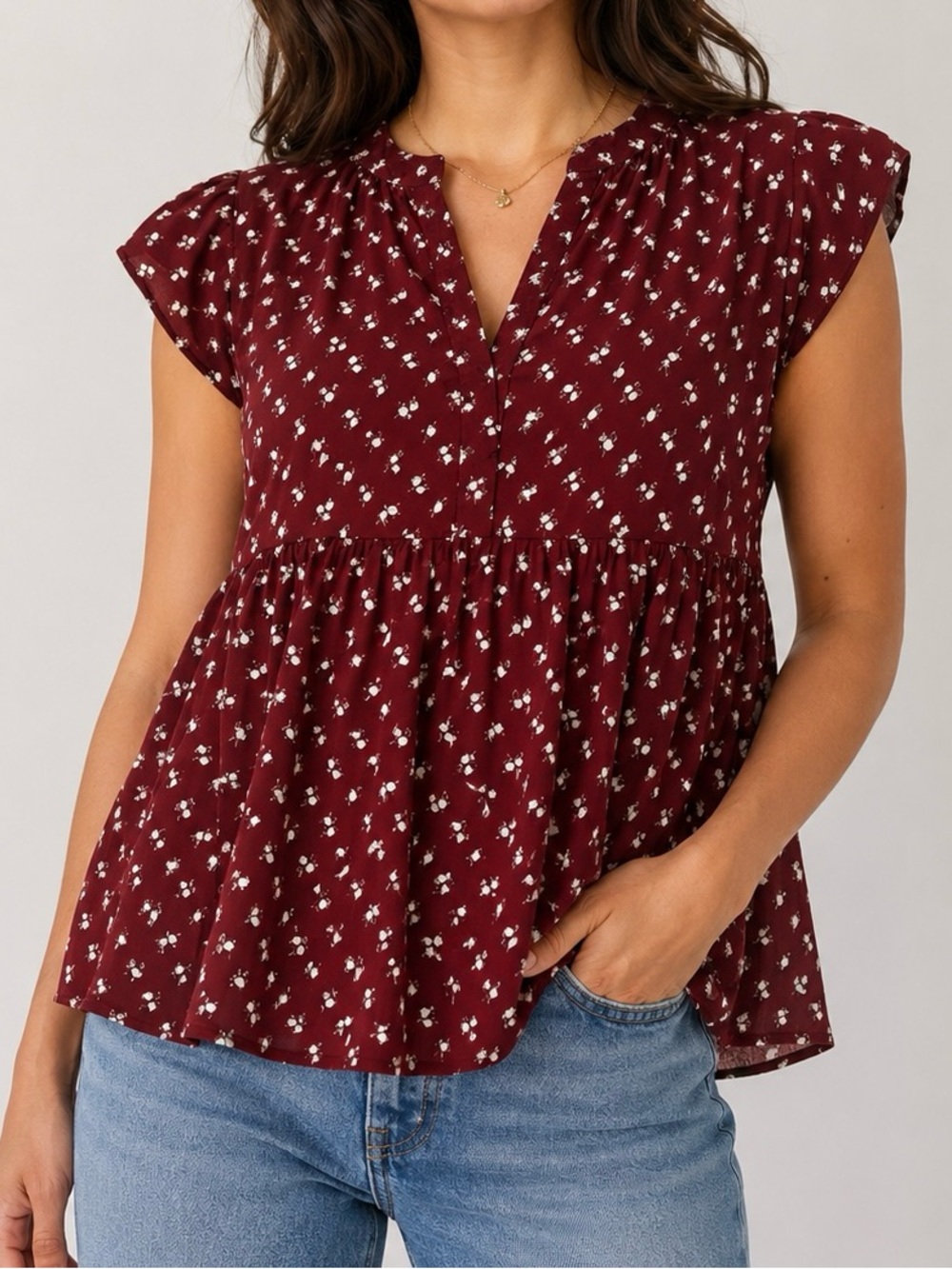 Caslon Burgundy Peplum Top Extra Small XS 100% Viscose EUC
